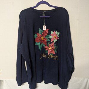 Kim Rogers Christmas Poinsettia Long Sleeve Tee – Women’s 3X – Navy Graphic Holi